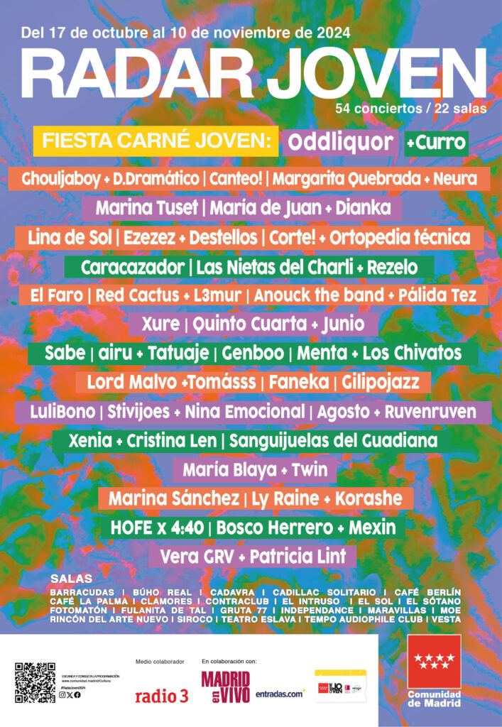 Agosto, airu, Anouck the band, Bosco Herrero, CANTEO!, caracazador, Corte!, Cristina Len, D.Dramático, destellos*, Dianka, El Faro, Ezezez, Faneka, Genboo, Ghouljaboy, Gilipojazz, Hofe X 4:40, Junio, Korashe, L3mur, Las Nietas del Charli, Lina de Sol, Lord Malvo, Los Chivatos, Luli Bono, Ly Raine, Margarita Quebrada, Maria Blaya, María de Juan, Marina Sánchez, Marina Tuset, Menta, Mexin, Neura, Niña Emocional, Ortopedia Técnica, Pálida Tez, Patricia Lint, Quinto Cuarta, Red Cactus, Rezelo, RUVENRUVEN, Sabe, Sanguijuelas del Guadiana, stivijoes, Tatuaje, Tomásss, Twin, Vera GRV, Xenia