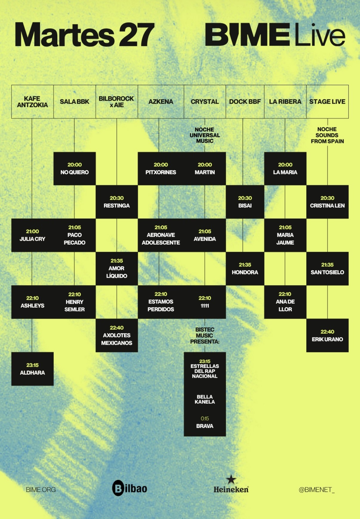 Cartel de horarios de BIME Live 2026 del martes 27 de octubre en Bilbao