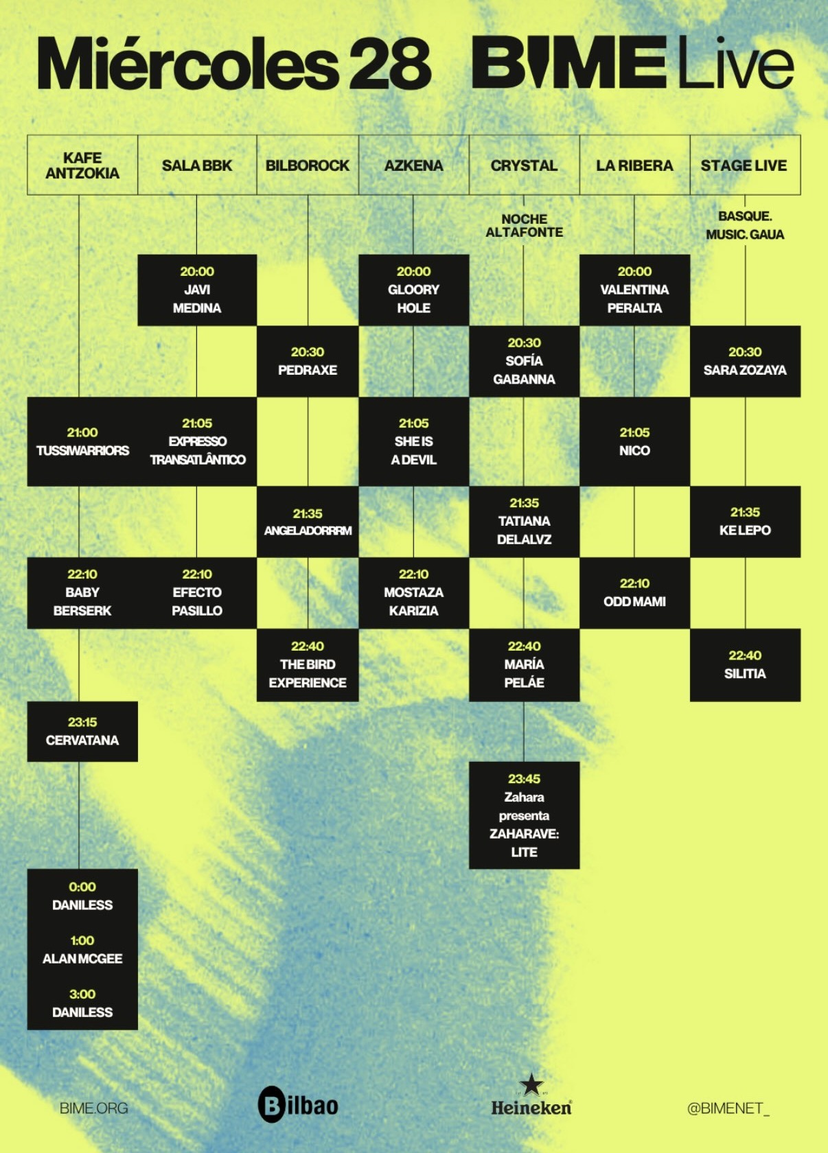 Cartel de horarios de BIME Live 2026 del miércoles 28 de octubre en Bilbao