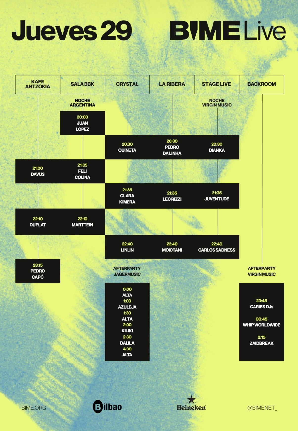 Cartel de horarios de BIME Live 2026 del jueves 29 de octubre en Bilbao