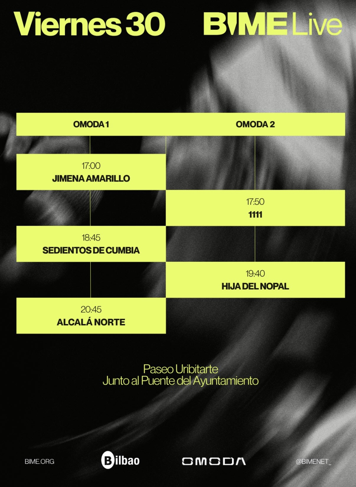 Cartel de horarios de BIME Live 2026 del viernes 30 de octubre en Bilbao