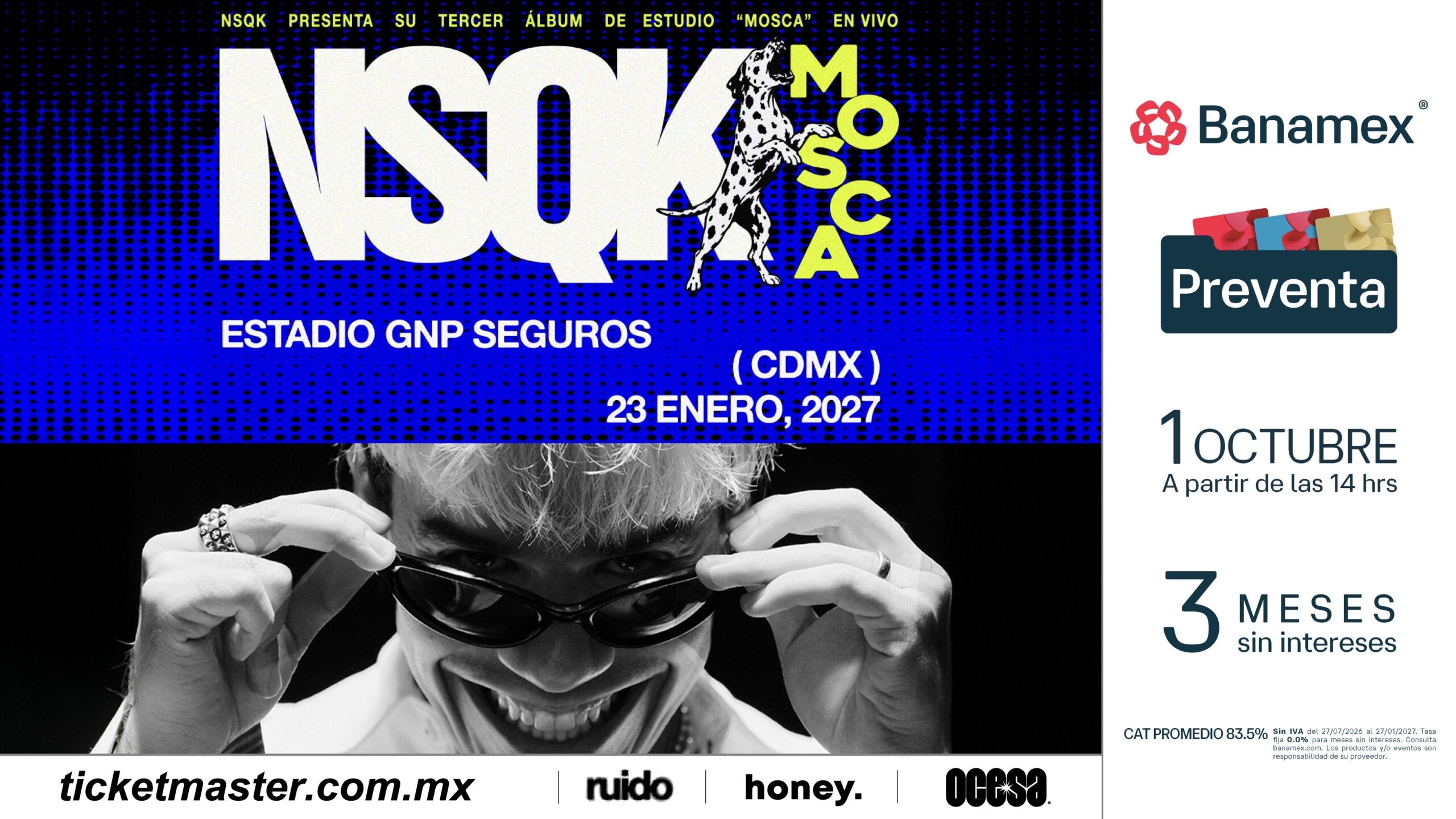 Cartel promocional del concierto de NSQK MOSCA en el Estadio GNP Seguros de Ciudad de México el 23 de enero de 2027
